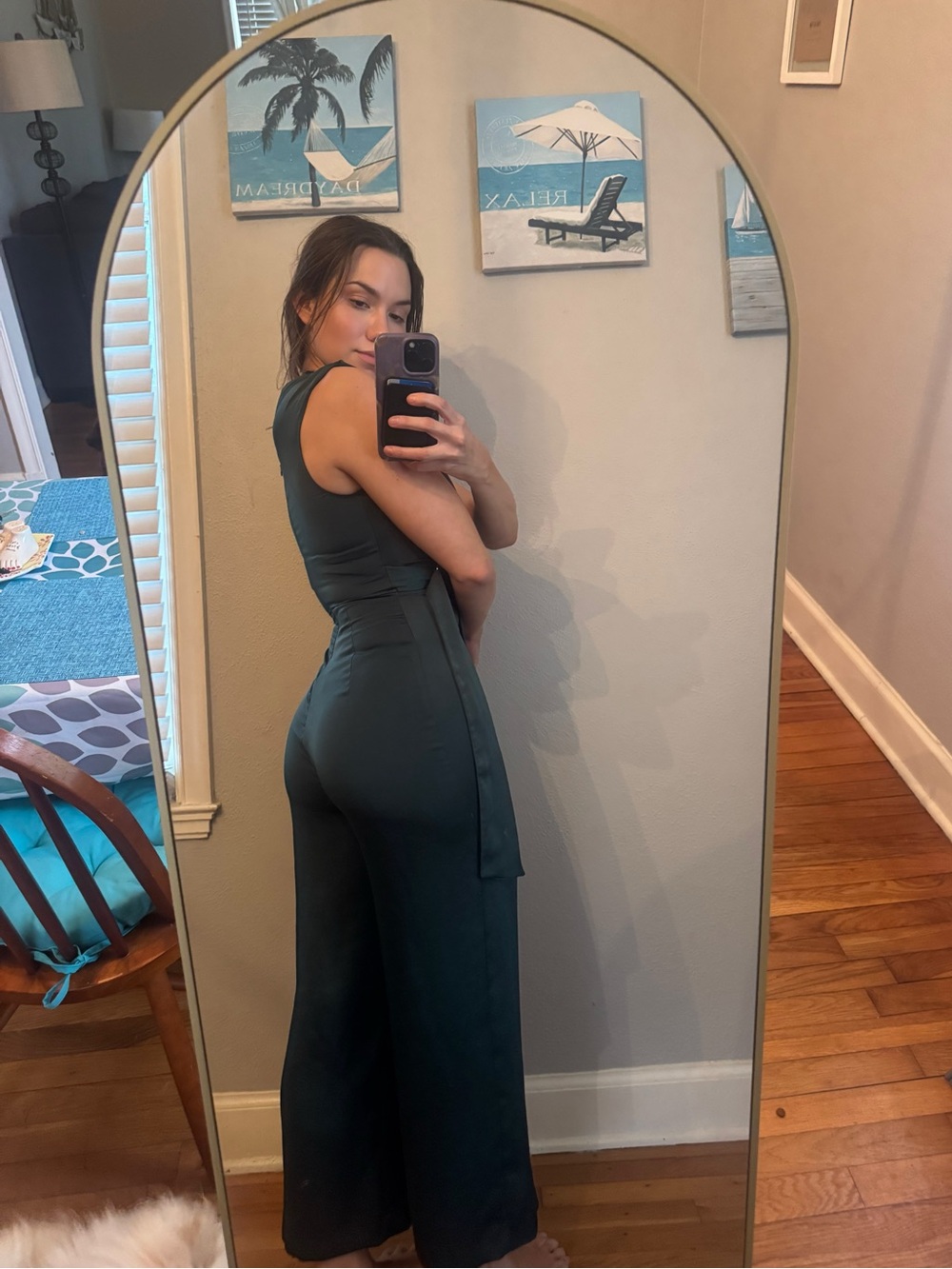 Dark Green Sleeveless V-Neck Wide-Leg Jumpsuit with Buckle Tie - Picture 2 of 4